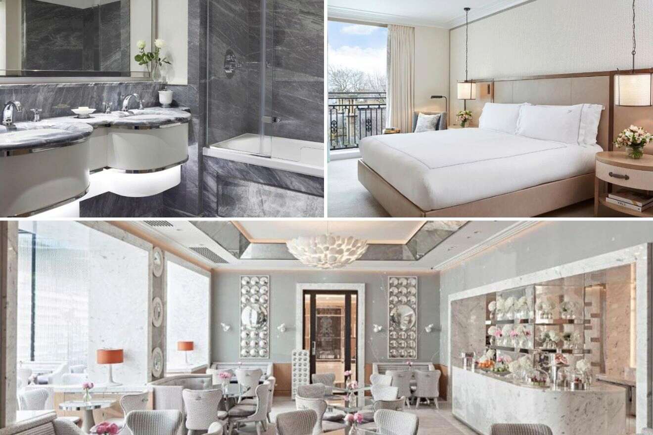 collage of 3 images containing a bedroom, bathroom and restaurant 