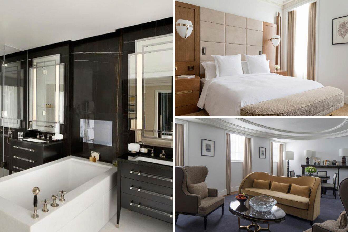 collage of 3 images containing a bedroom, bathroom and lounge