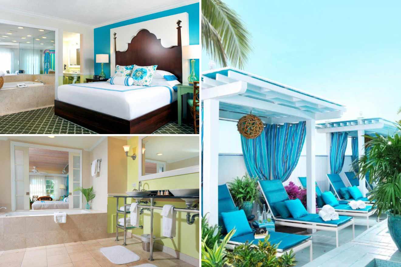 collage of 3 images containing gazebos by the pool, bedroom, and bathroom
