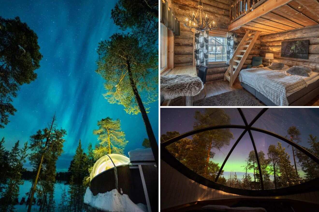 collage of 3 images containing a bedroom, a lounge area, and an outdoor view  of igloos and the northern lights