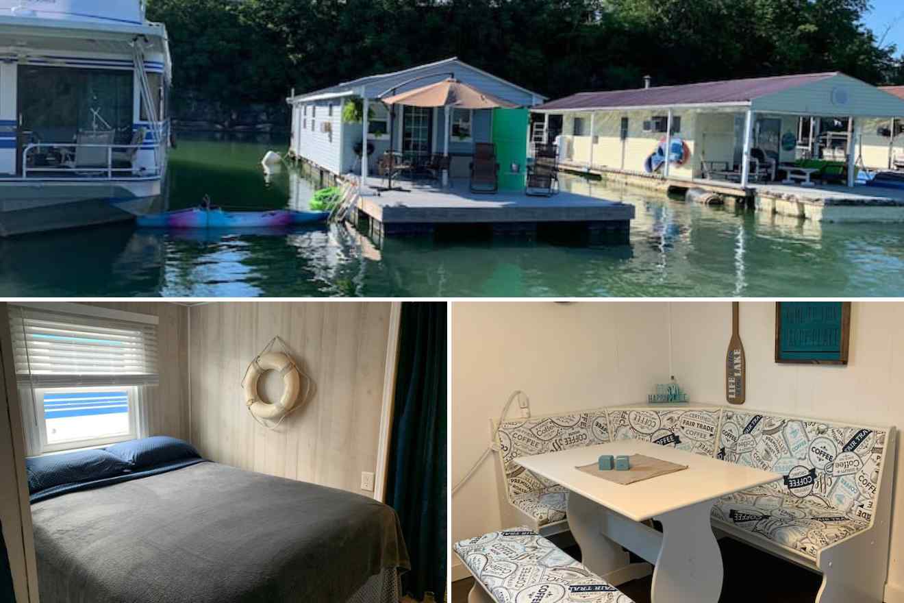 collage of 3 images with a houseboat, bedroom, and dining area