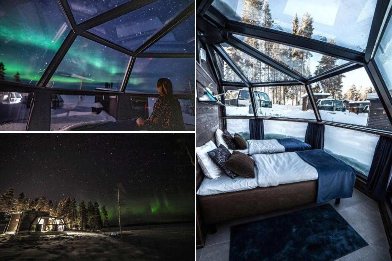 collage of 3 images containing a bedroom, a woman watching the northern lights, and an outdoor view  of the hotel and the northern lights