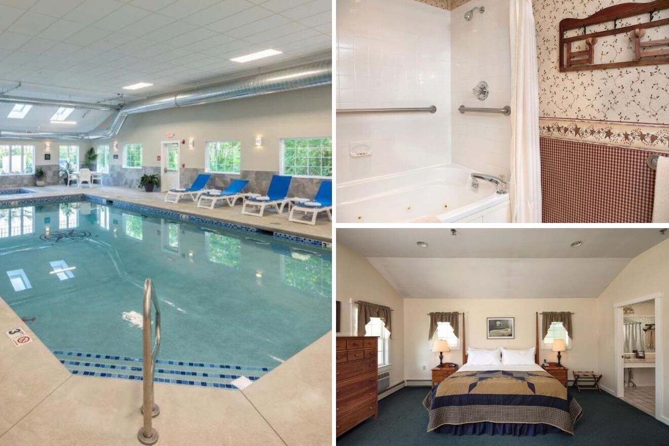 collage of 3 images containing swimming pool, bedroom, and bathroom