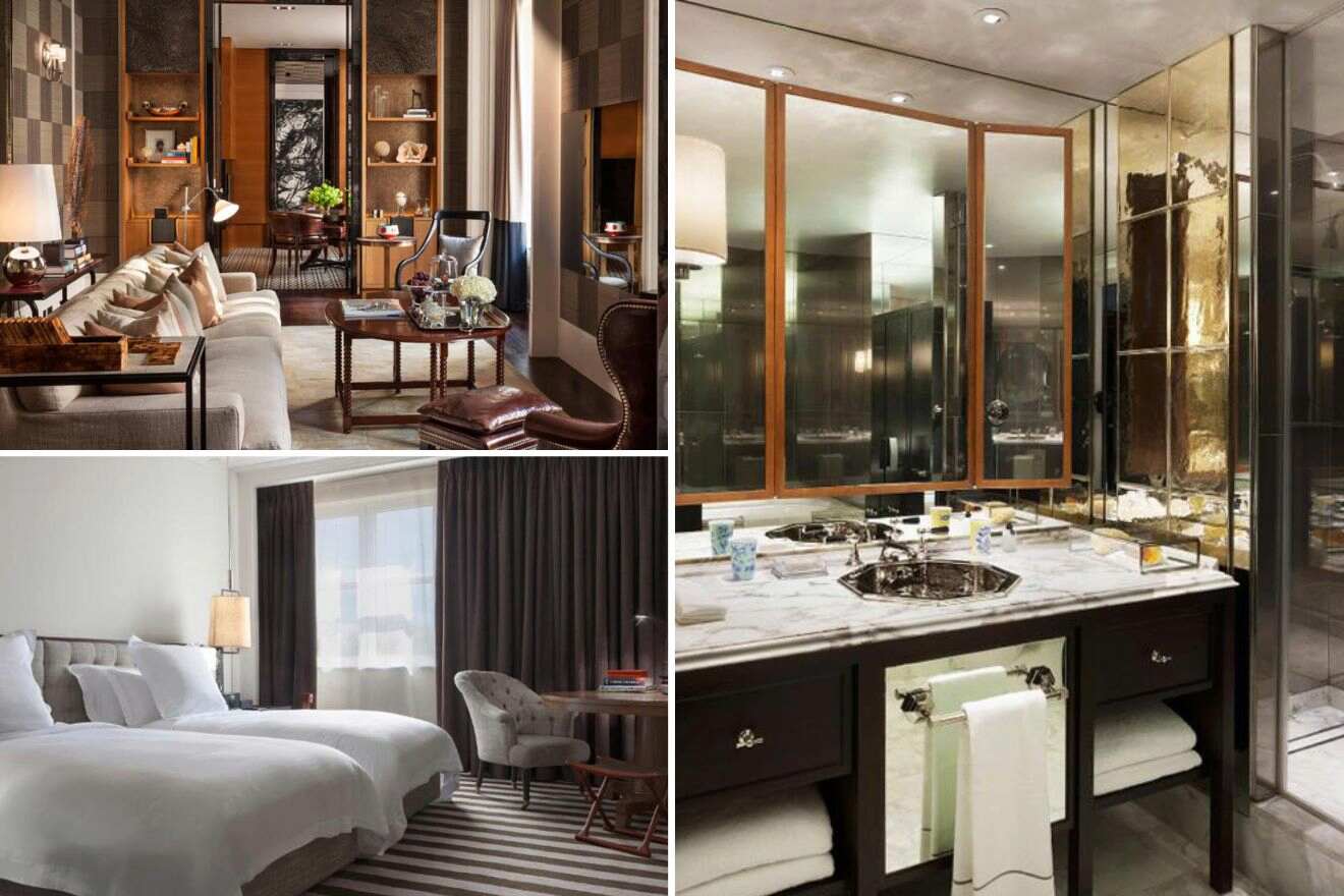 collage of 3 images containing a bedroom, bathroom and lounge