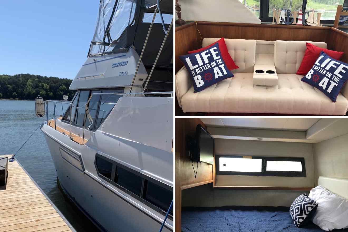 collage of 3 images with a yacht, bedroom, and lounge