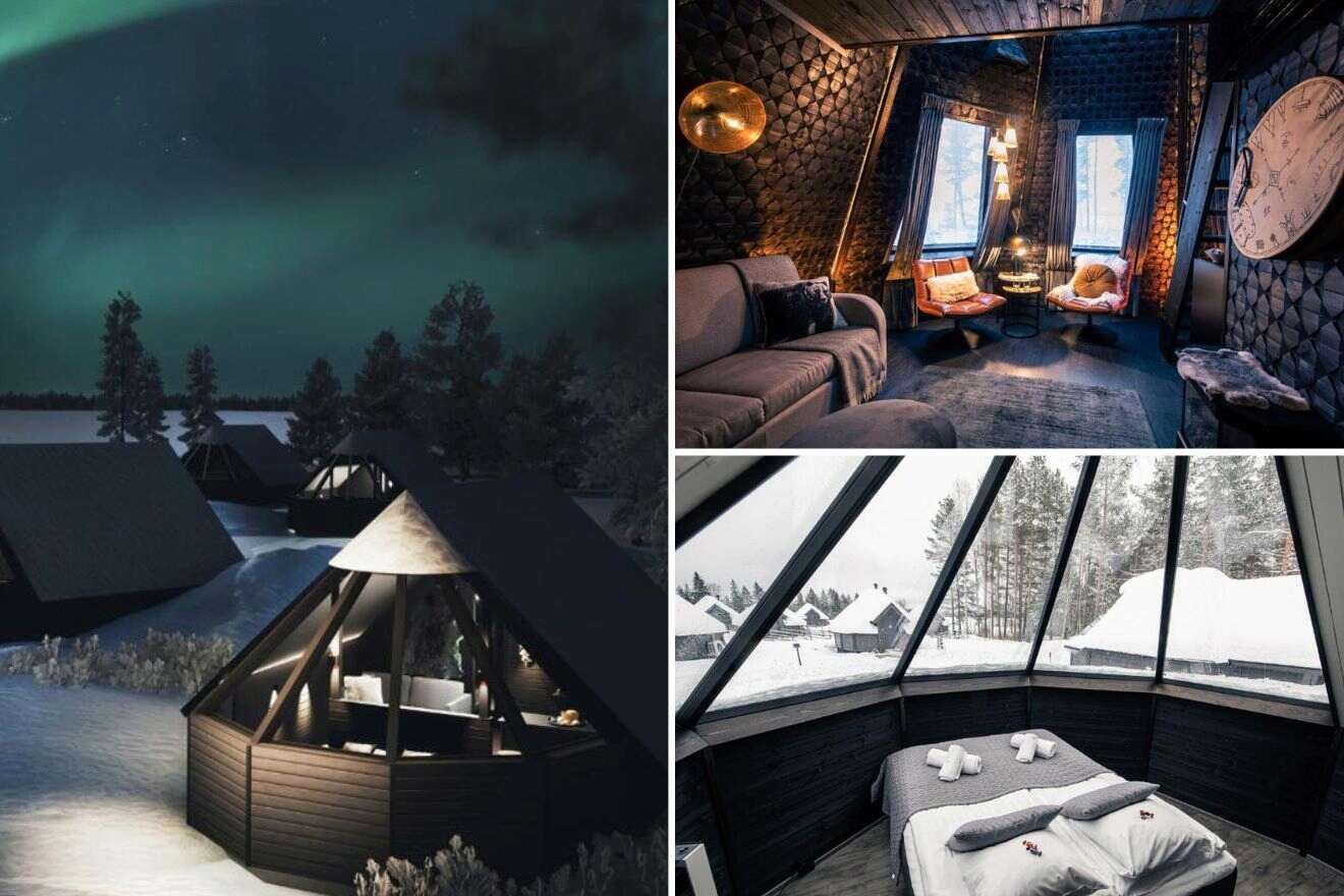collage of 3 images containing a bedroom, a lounge area, and an outdoor view  of igloos and the northern lights