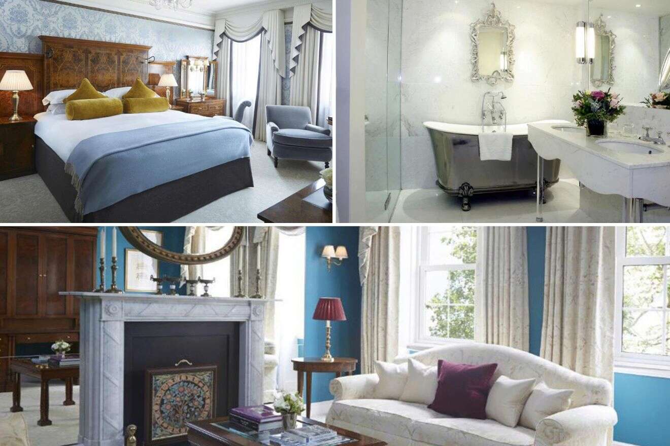 collage of 3 images containing a bedroom, bathroom and lounge