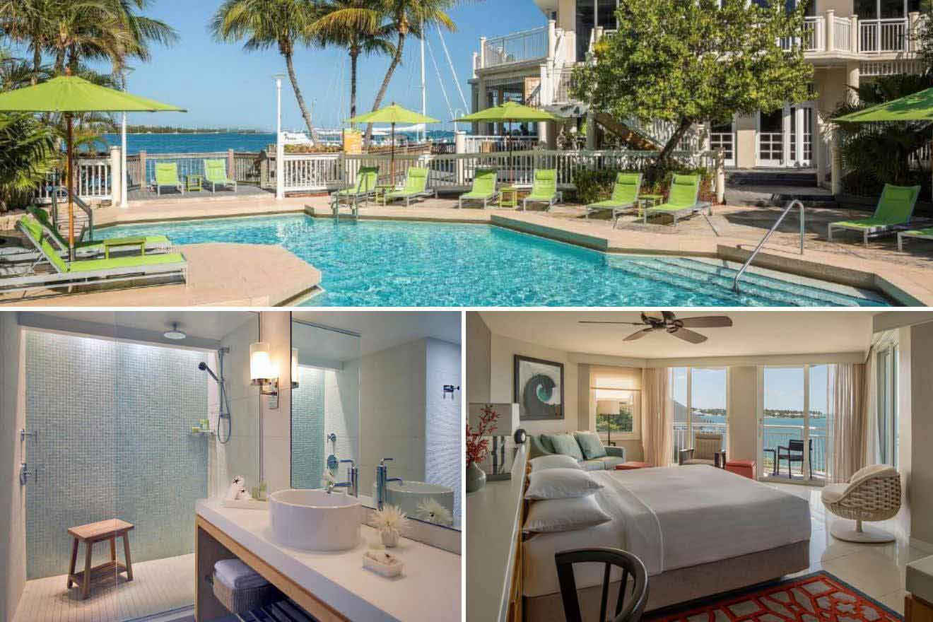 collage of 3 images containing a swimming pool, bedroom, and bathroom