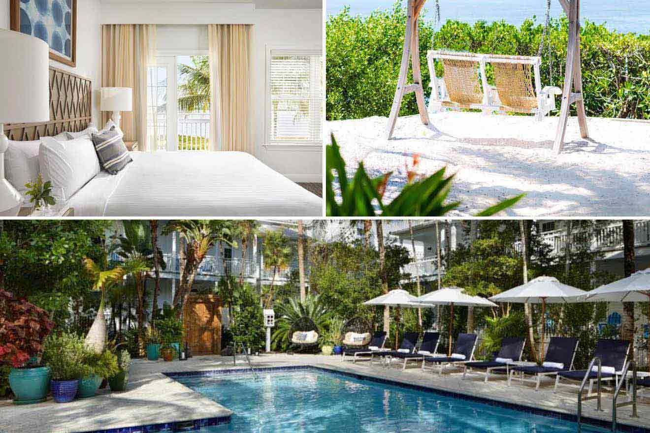 collage of 3 images containing a swimming pool, bedroom, and outdoor sitting area