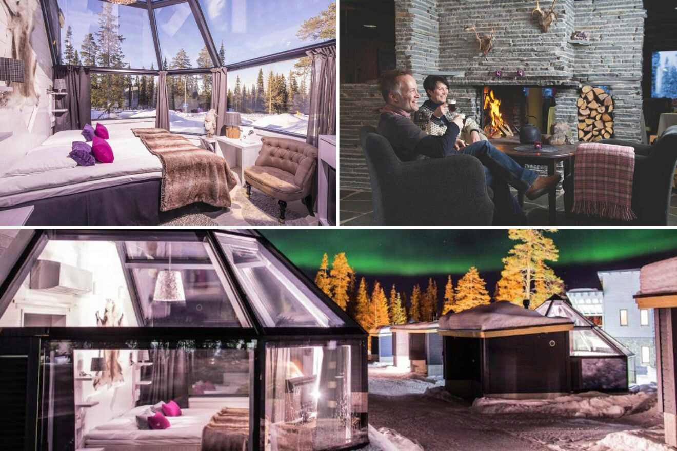 collage of 3 images containing a bedroom, a lounge area, and an outdoor view  of igloos and the northern lights