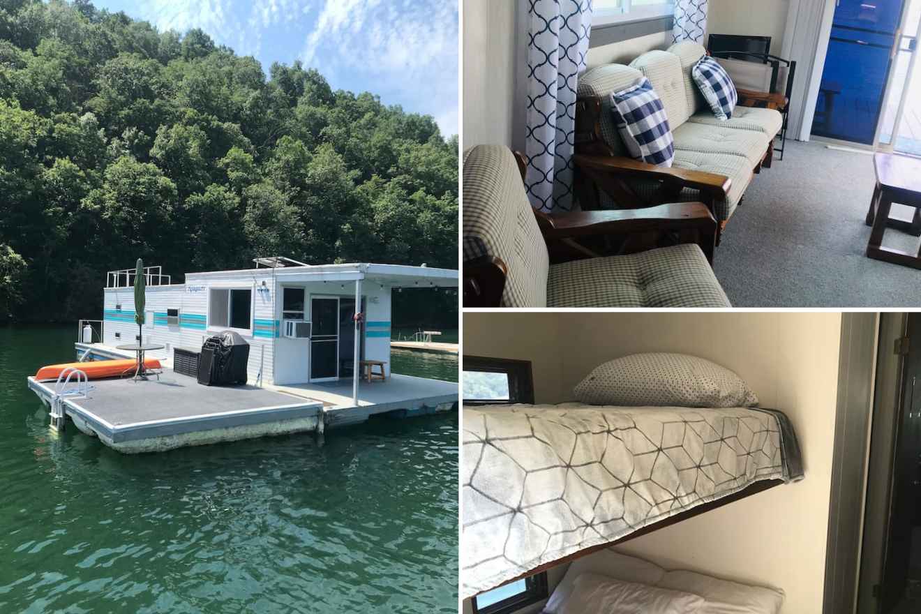 collage of 3 images with a houseboat, bedroom, and lounge area