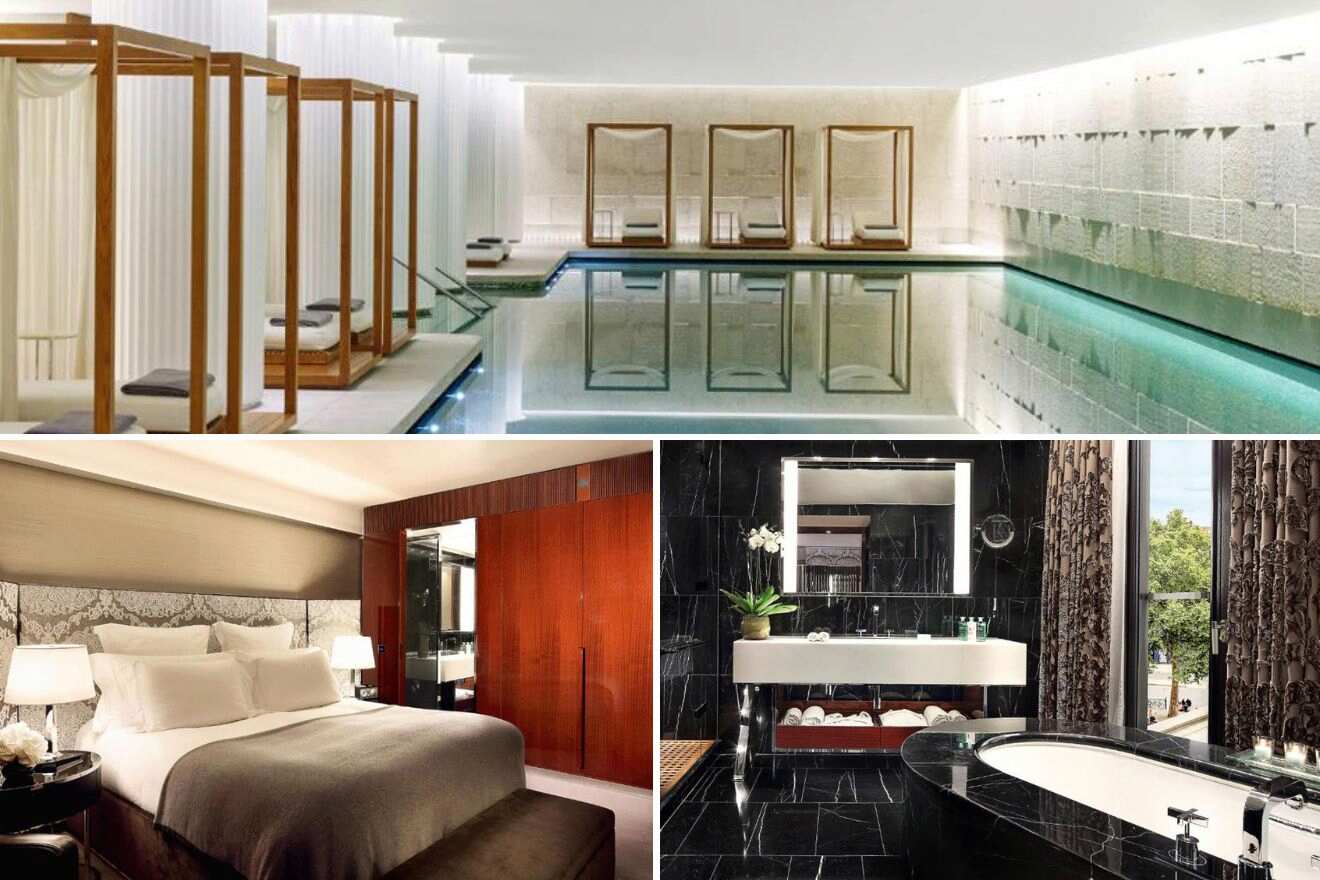 collage of 3 images containing a bedroom, bathroom and swimming pool
