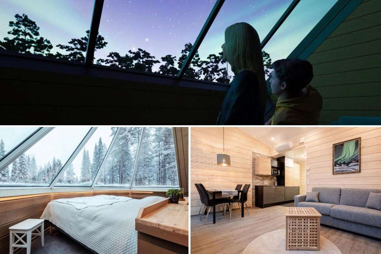 collage of 3 images containing a bedroom, a lounge area, and mother and son watching the northern lights