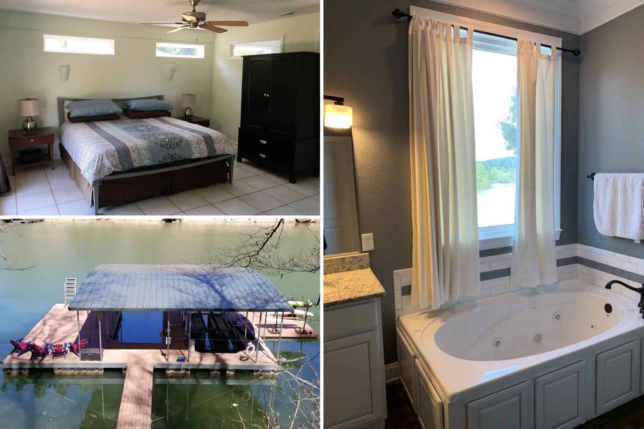 collage of 3 images with a pontoon, bedroom, and bathroom