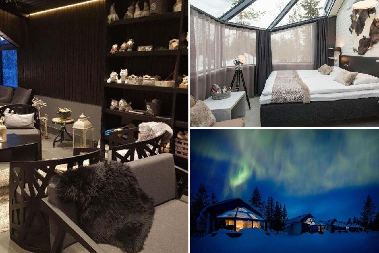 collage of 3 images containing a bedroom, a lounge area, and an outdoor view  of igloos and the northern lights