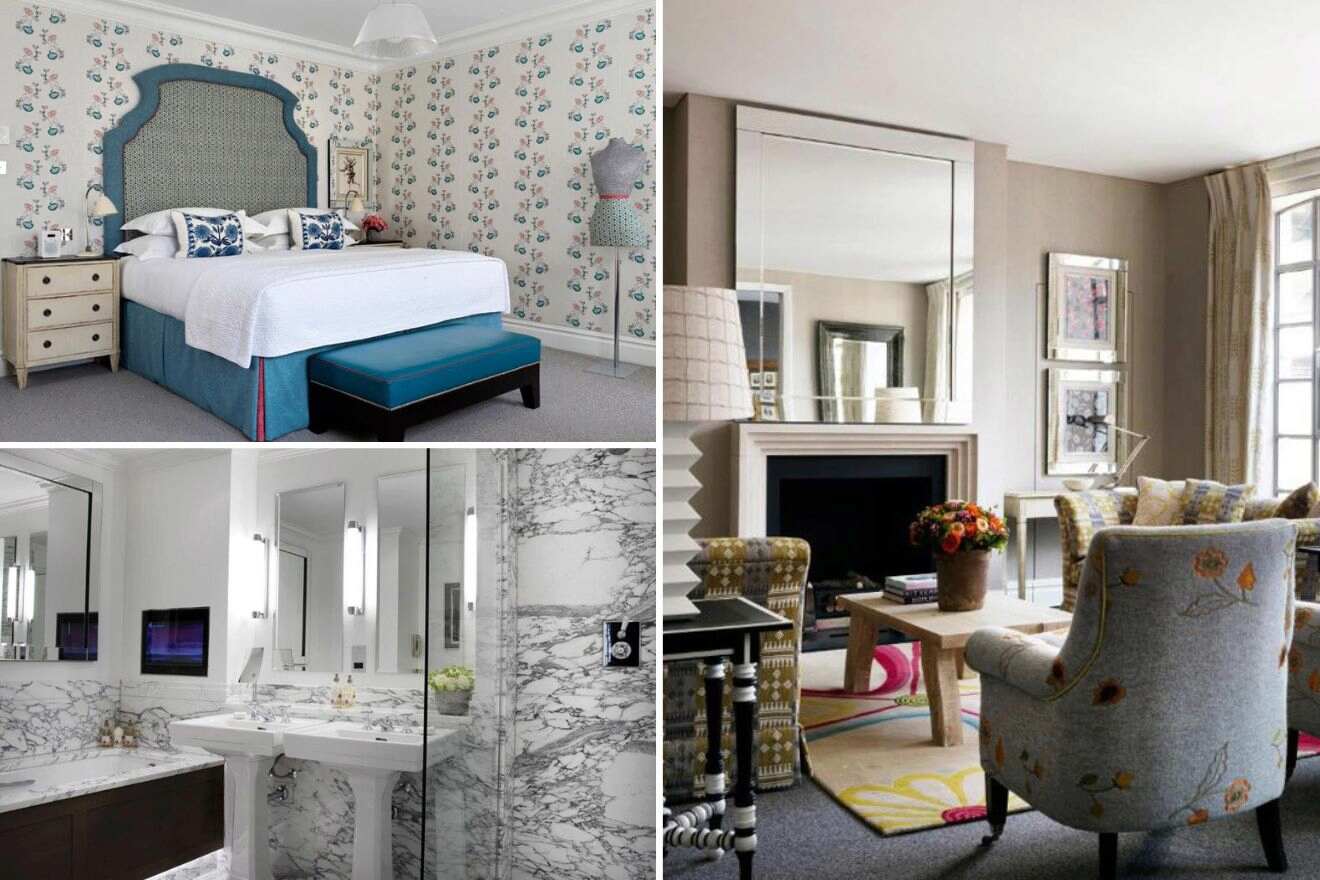 collage of 3 images containing a bedroom, bathroom and lounge