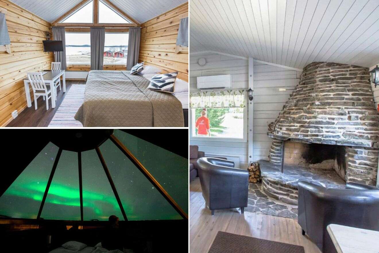 collage of 3 images containing a bedroom, a fireplace area, and a view from the window of the northern lights
