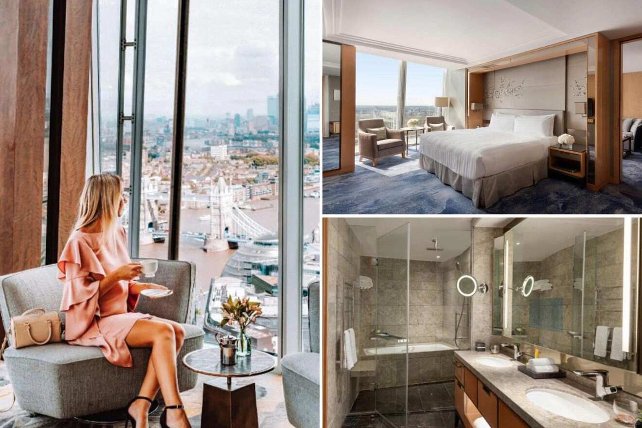 collage of 3 images containing a bedroom, bathroom and sitting area with a view over London Bridge