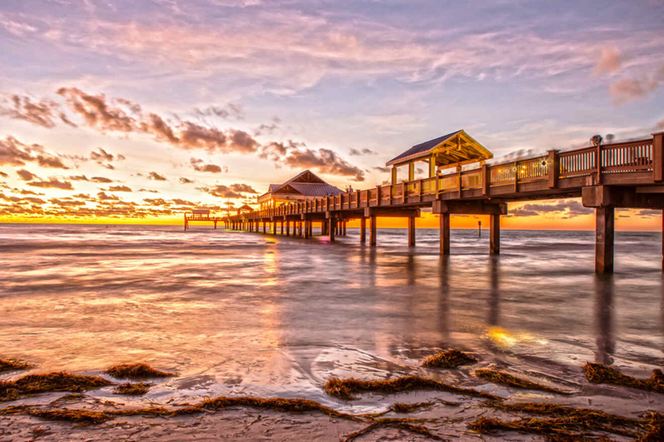 beautiful sunset on the background of the sea and the pier