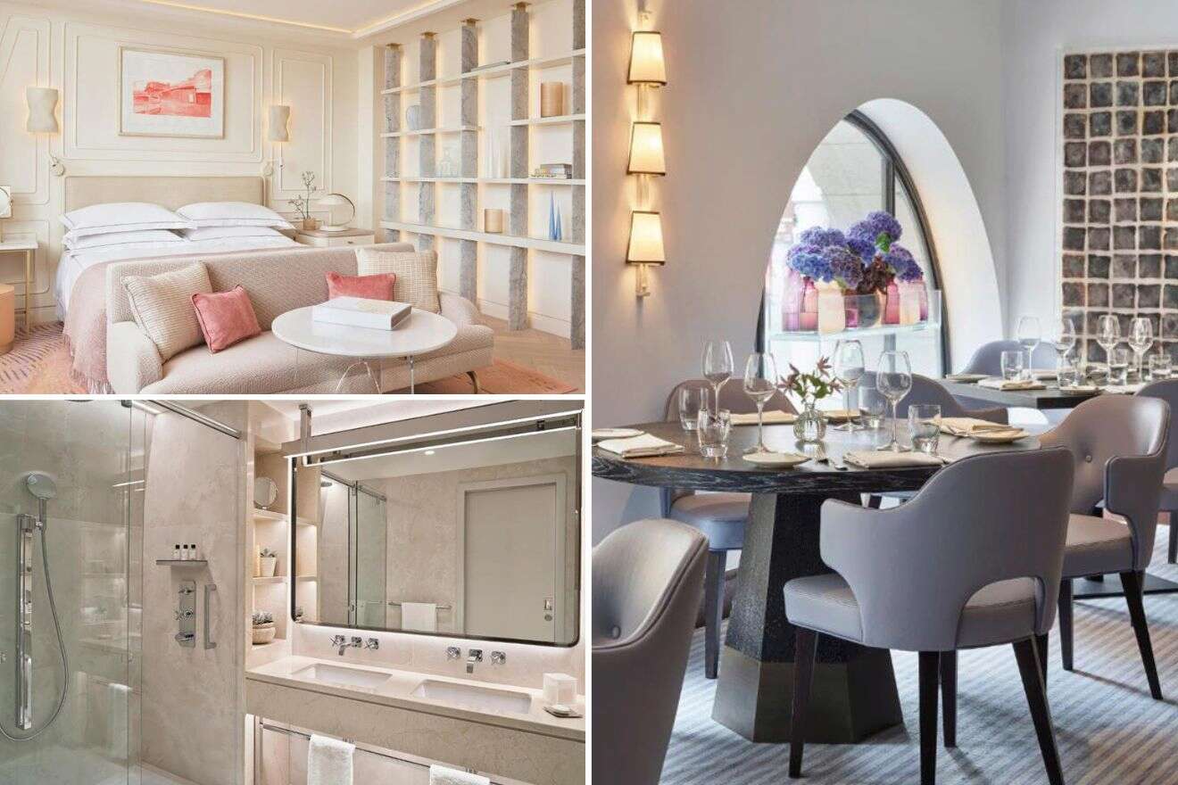 collage of 3 images containing a bedroom, bathroom and restaurant 