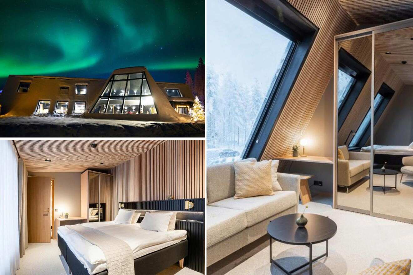 collage of 3 images containing a bedroom, a lounge area, and an outdoor view  of igloos and the northern lights