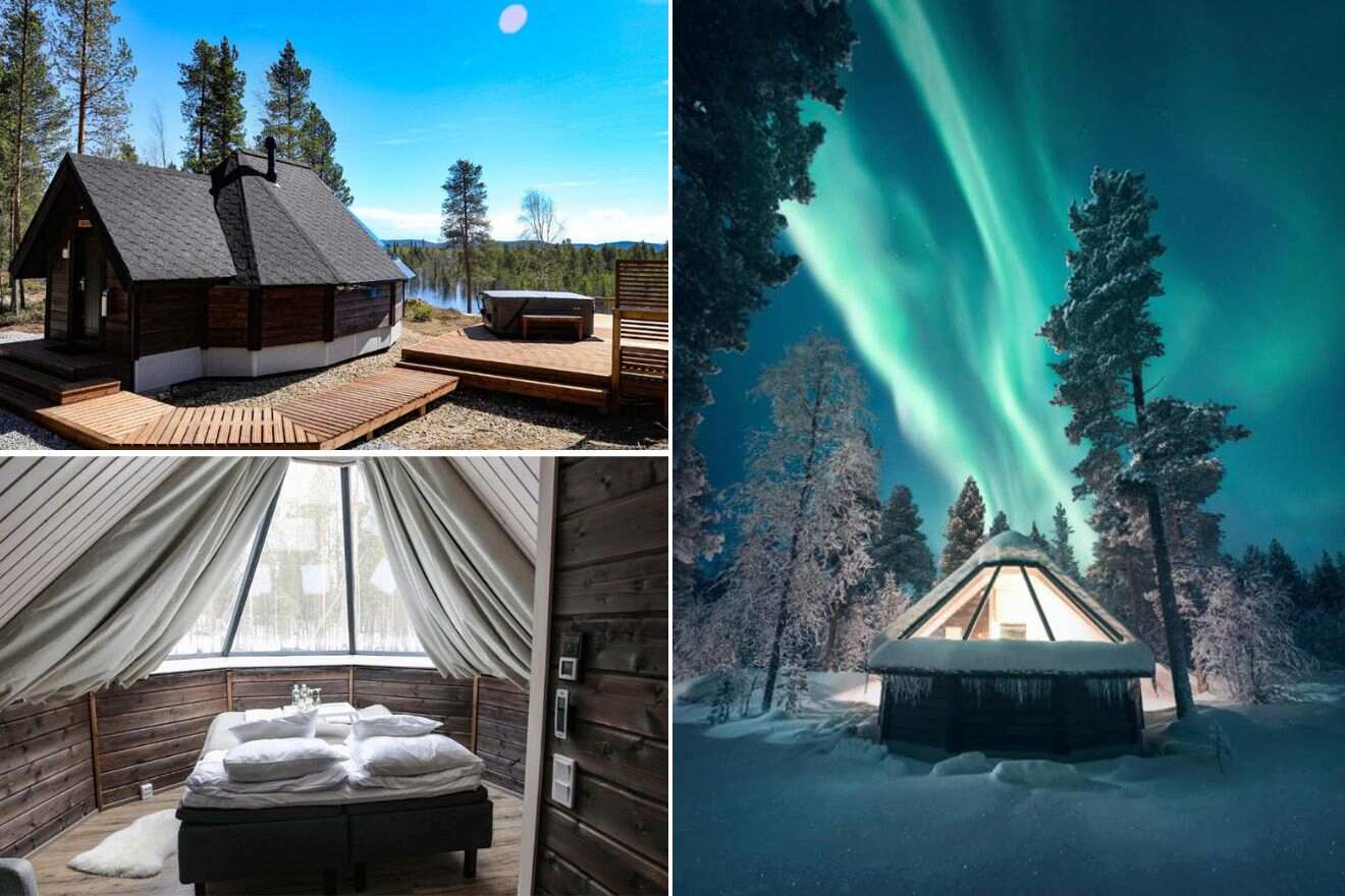 collage of 3 images containing an igloo hotel with the northern lights, bedroom and outdoor area