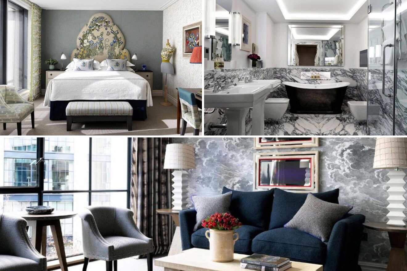 collage of 3 images containing a bedroom, bathroom and lounge area