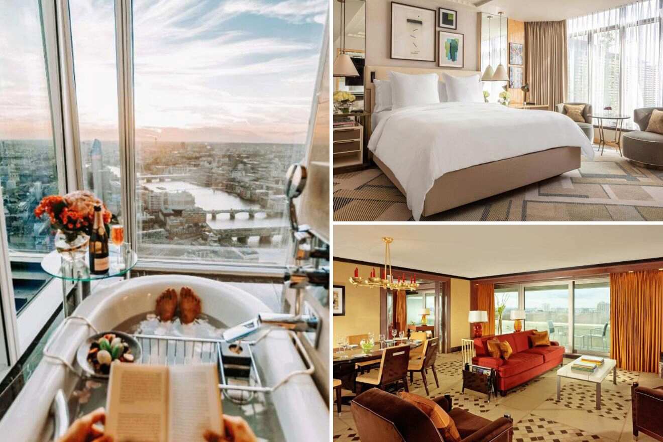 collage of 3 images containing lounge area, bedroom, and bathtub with a view over the city 