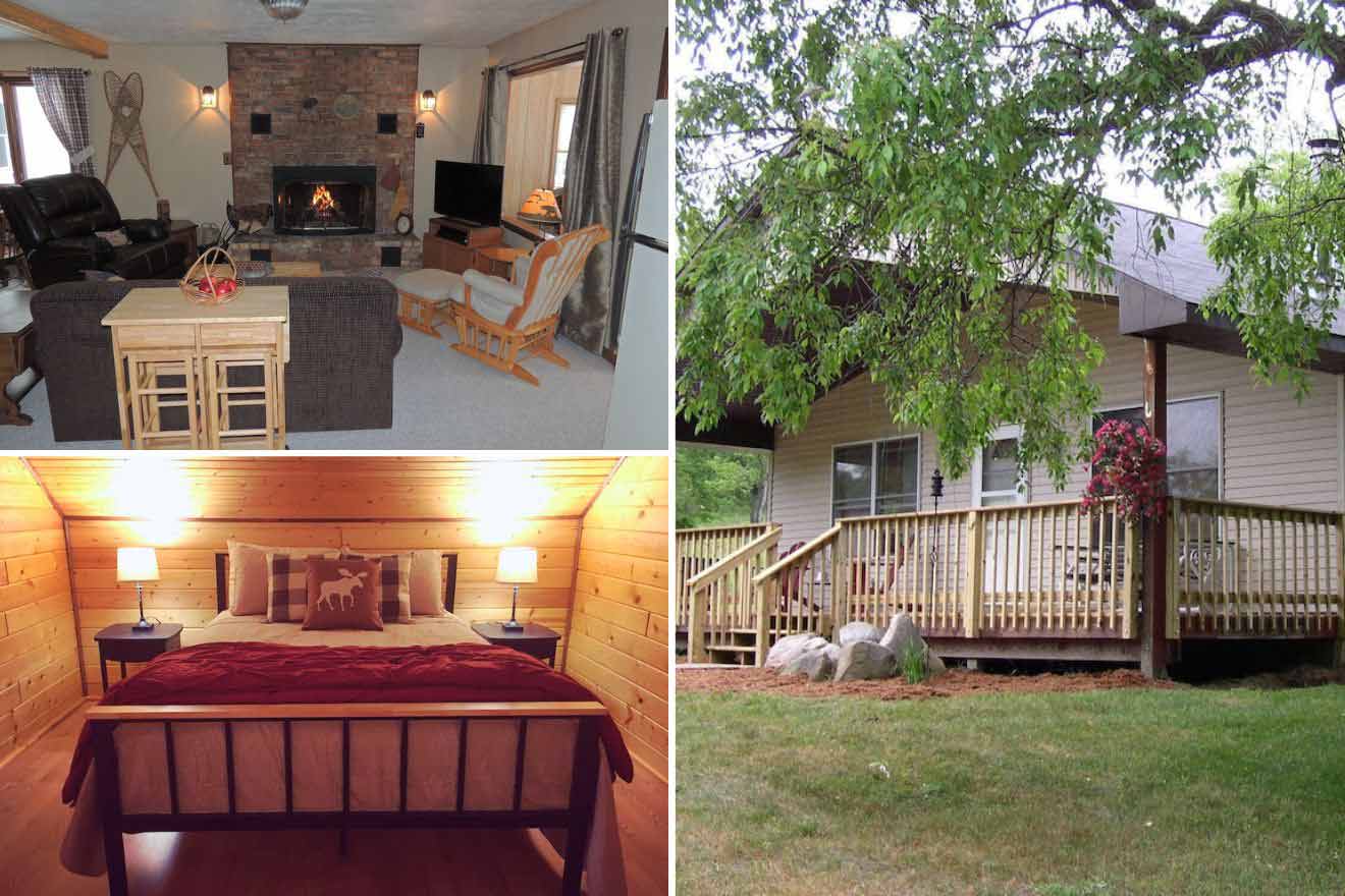 collage of 3 images containing a cabin's building, bedroom, and a sitting area next to the fireplace