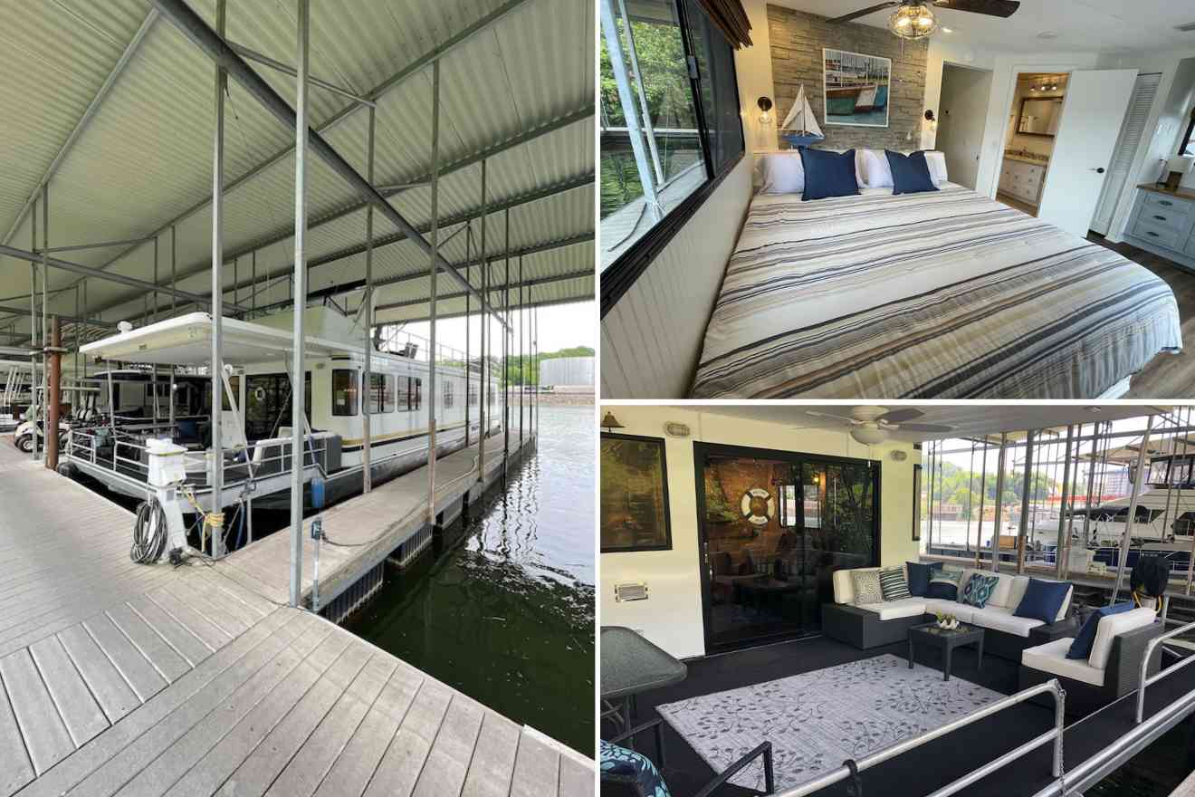 collage of 3 images with houseboat, sitting area and bedroom

