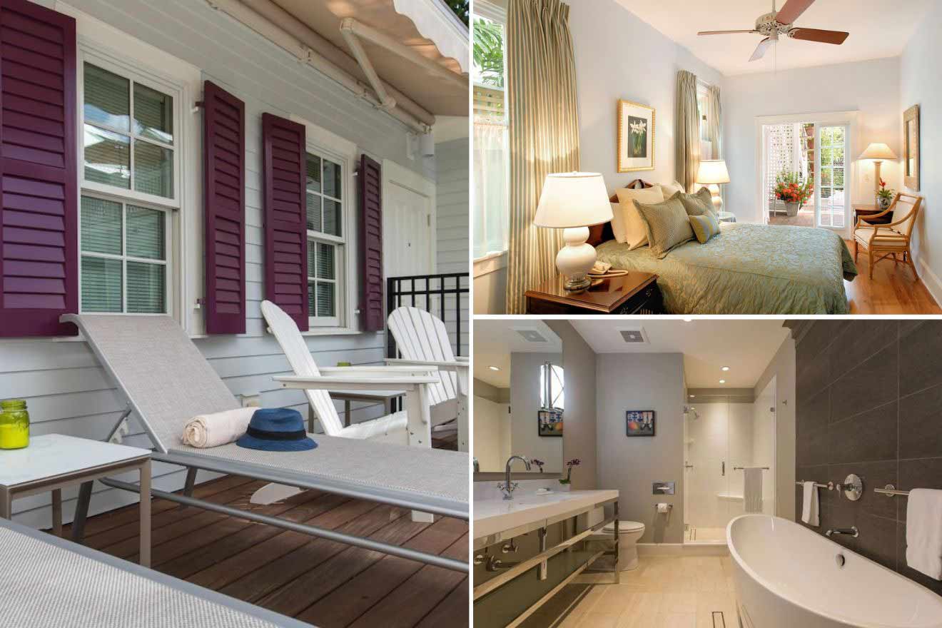 collage of 3 images containing lounge area on the terrace, bedroom, and bathroom