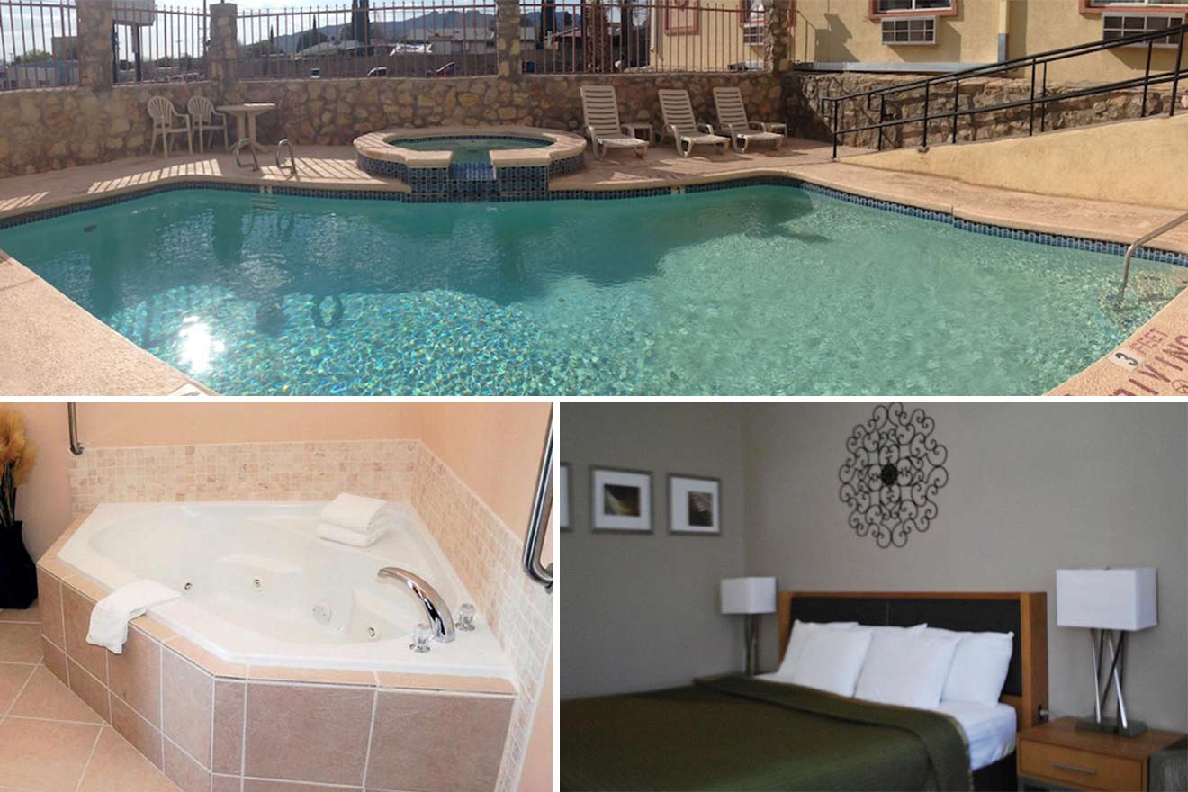 collage of 3 images containing a bedroom, bathtub and hotel swimming pool