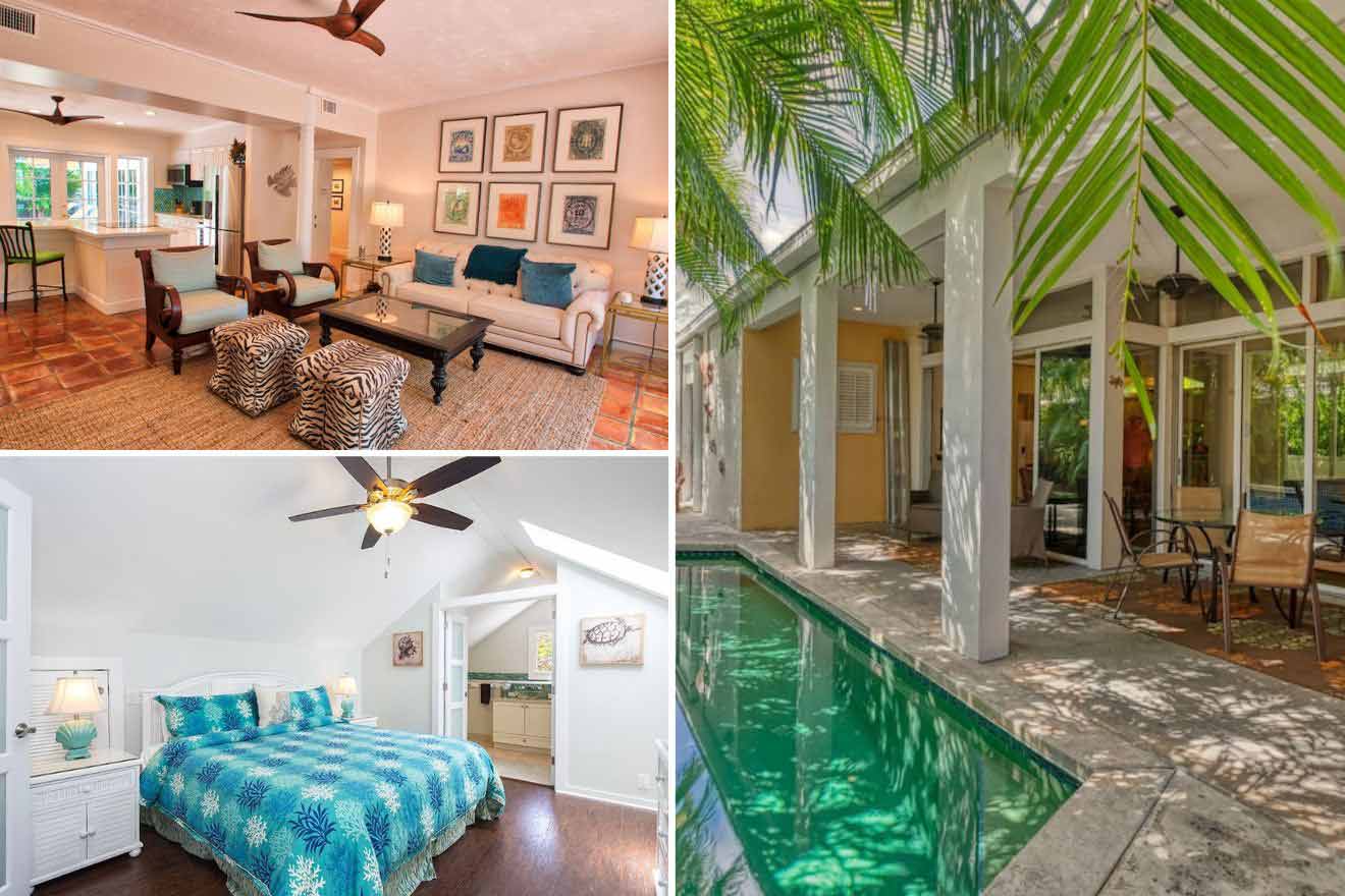 collage of 3 images containing a swimming pool, bedroom, and lounge area