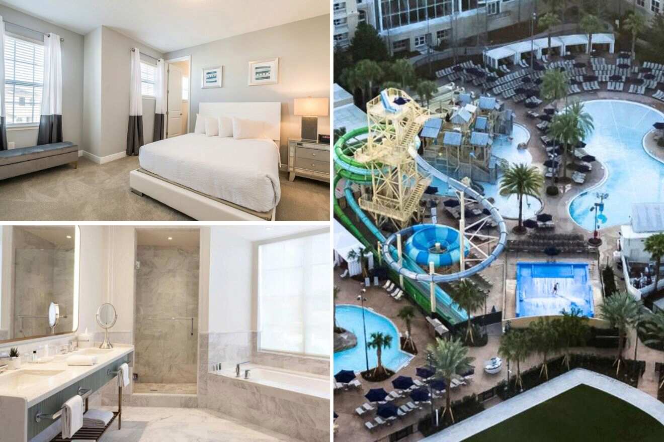 collage of 3 images containing a swimming pool with waterslides, bedroom, and bathroom
