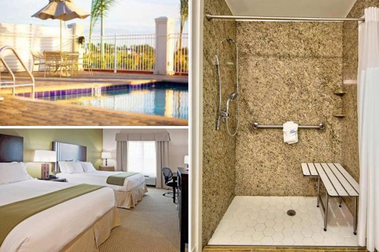 collage of 3 images containing a swimming pool, bedroom, and bathroom