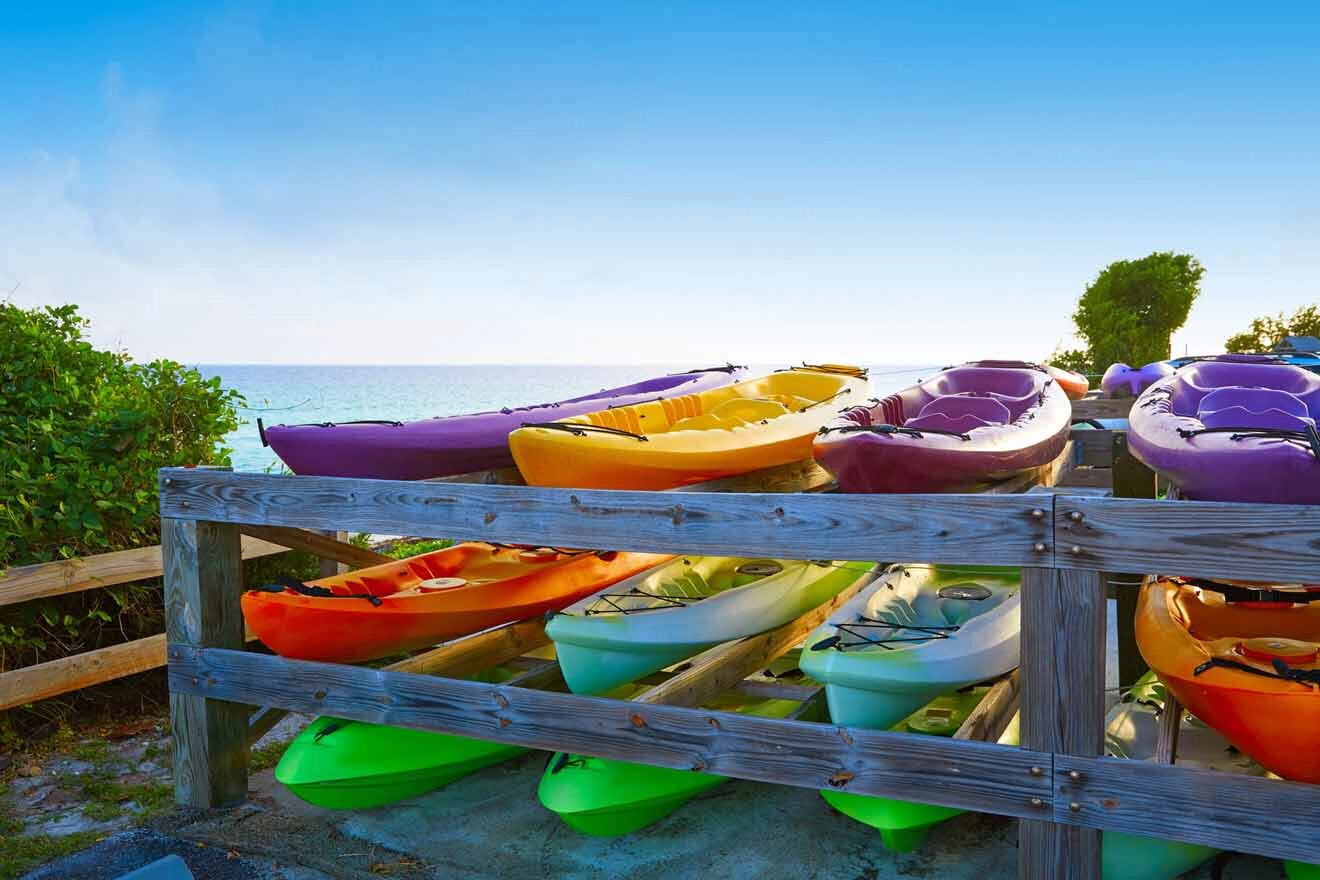 kayaks on a wooden stand