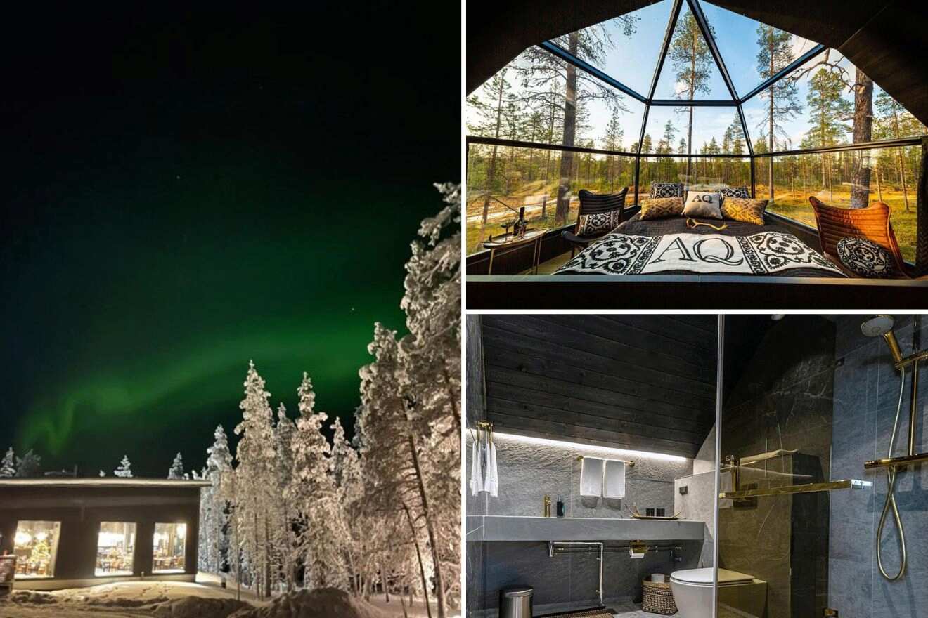 collage of 3 images containing a bedroom, a bathroom, and an outdoor view  of the northern lights