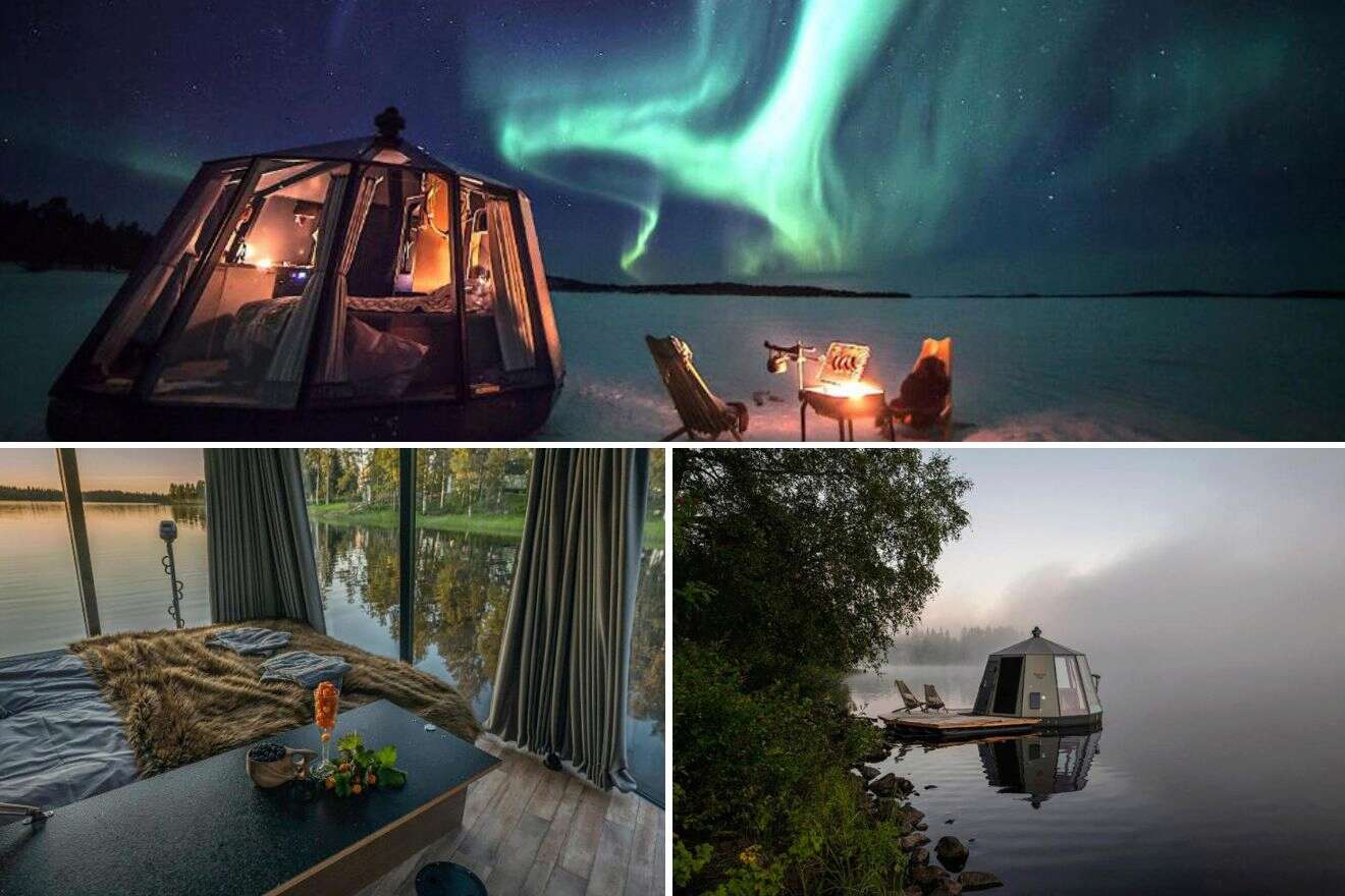 collage of 3 images containing a bedroom, an outdoor view of  the igloo and the northern lights