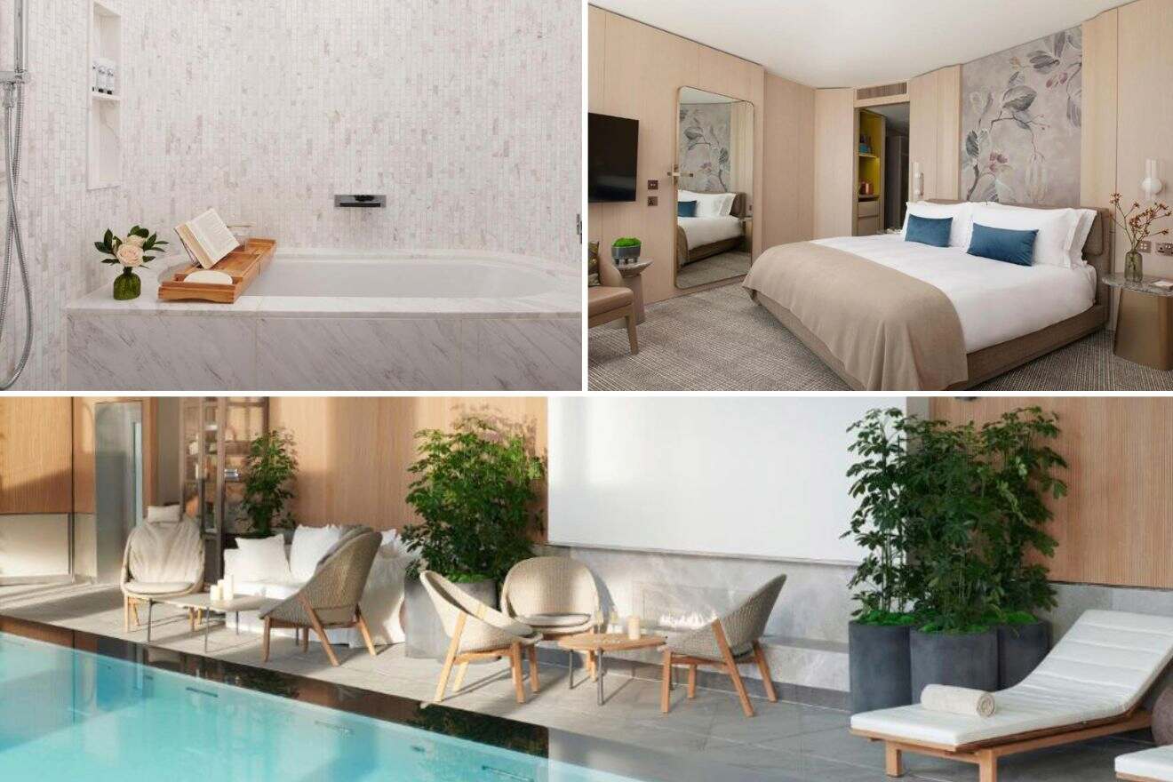 collage of 3 images containing a bedroom, bathroom and swimming pool