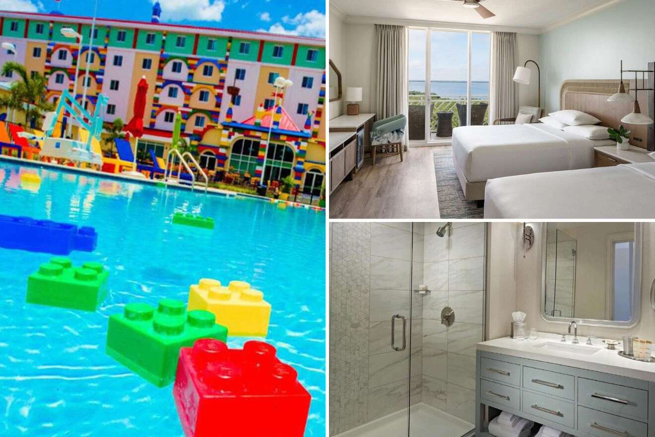 collage of 3 images containing a swimming pool, bedroom, and a bathroom