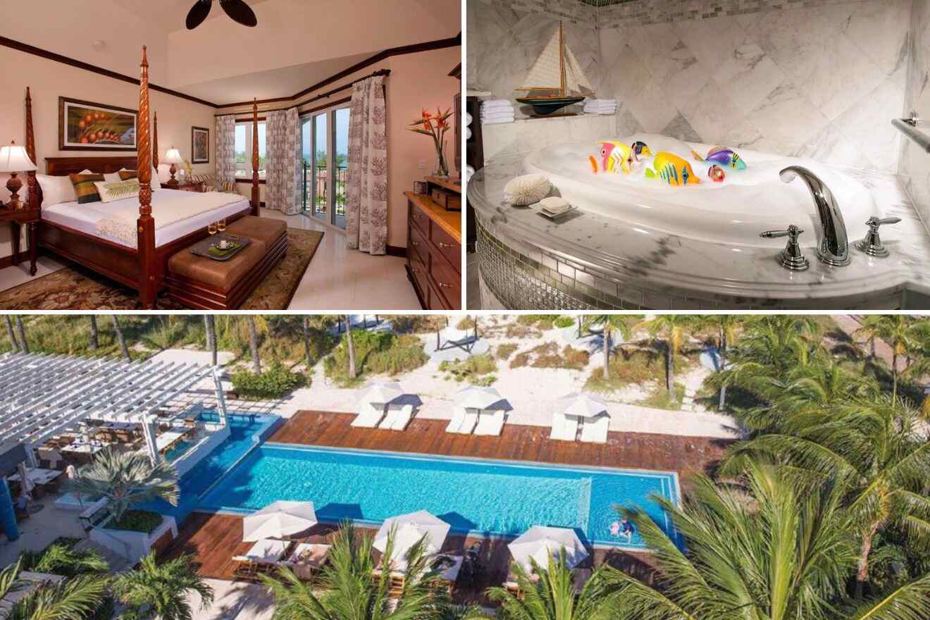 collage of 3 images containing an aerial view over the resort, bedroom, and bathroom