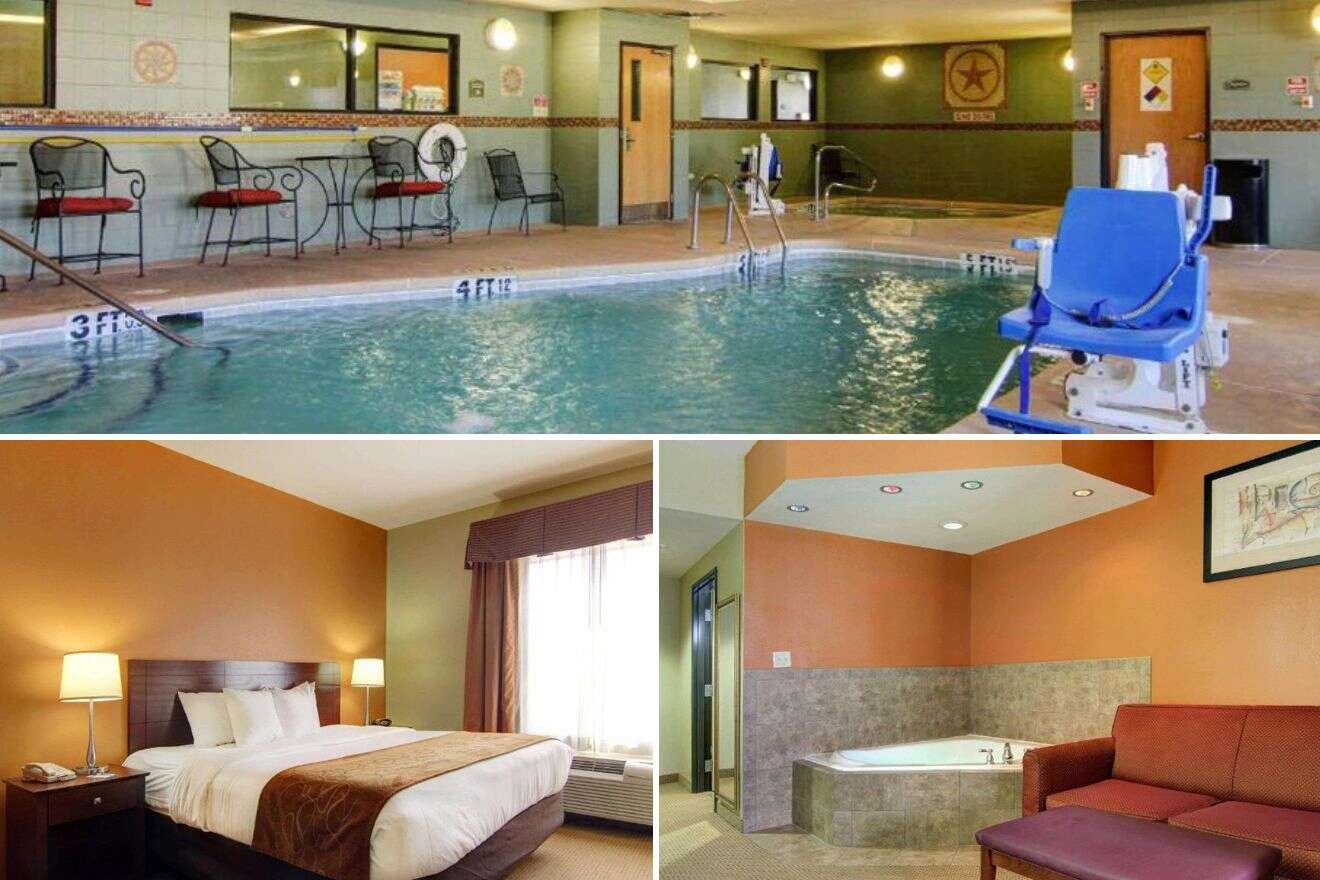collage of 3 images containing an indoor swimming pool, bedroom, and bathroom 