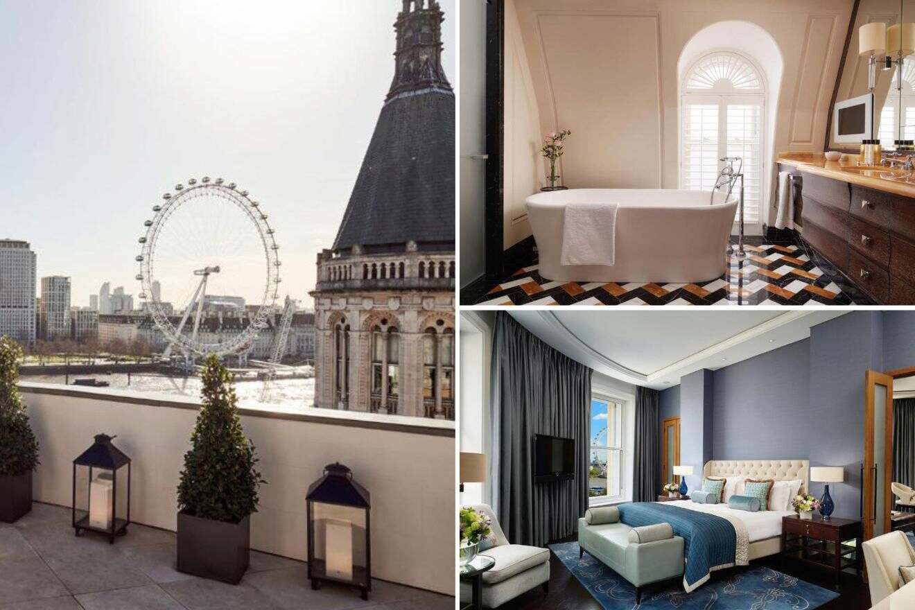 collage of 3 images containing a bedroom, bathroom and view from the terrace