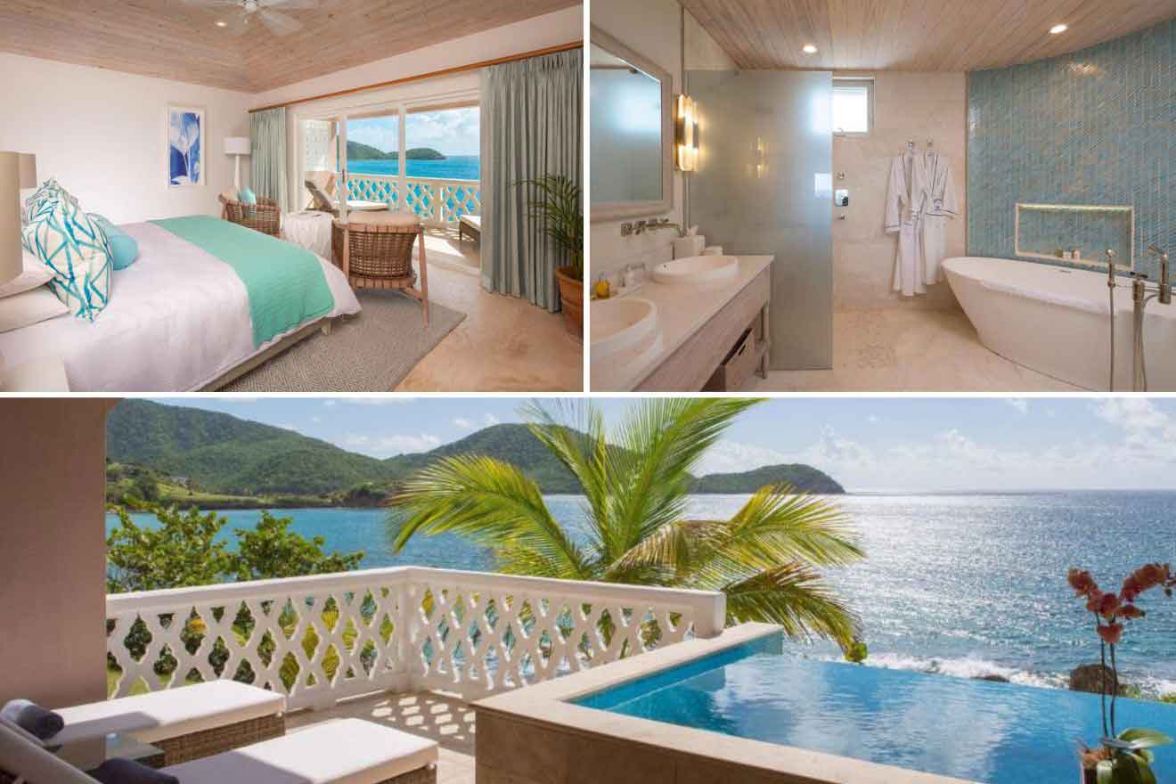collage of 3 images containing an infinity pool on a terrace, bedroom, and bathroom