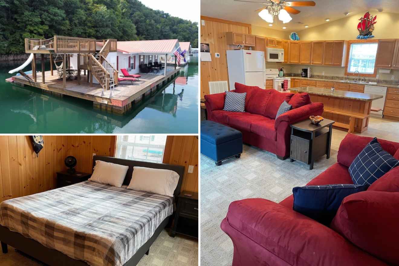 collage of 3 images with houseboat, bedroom and lounge