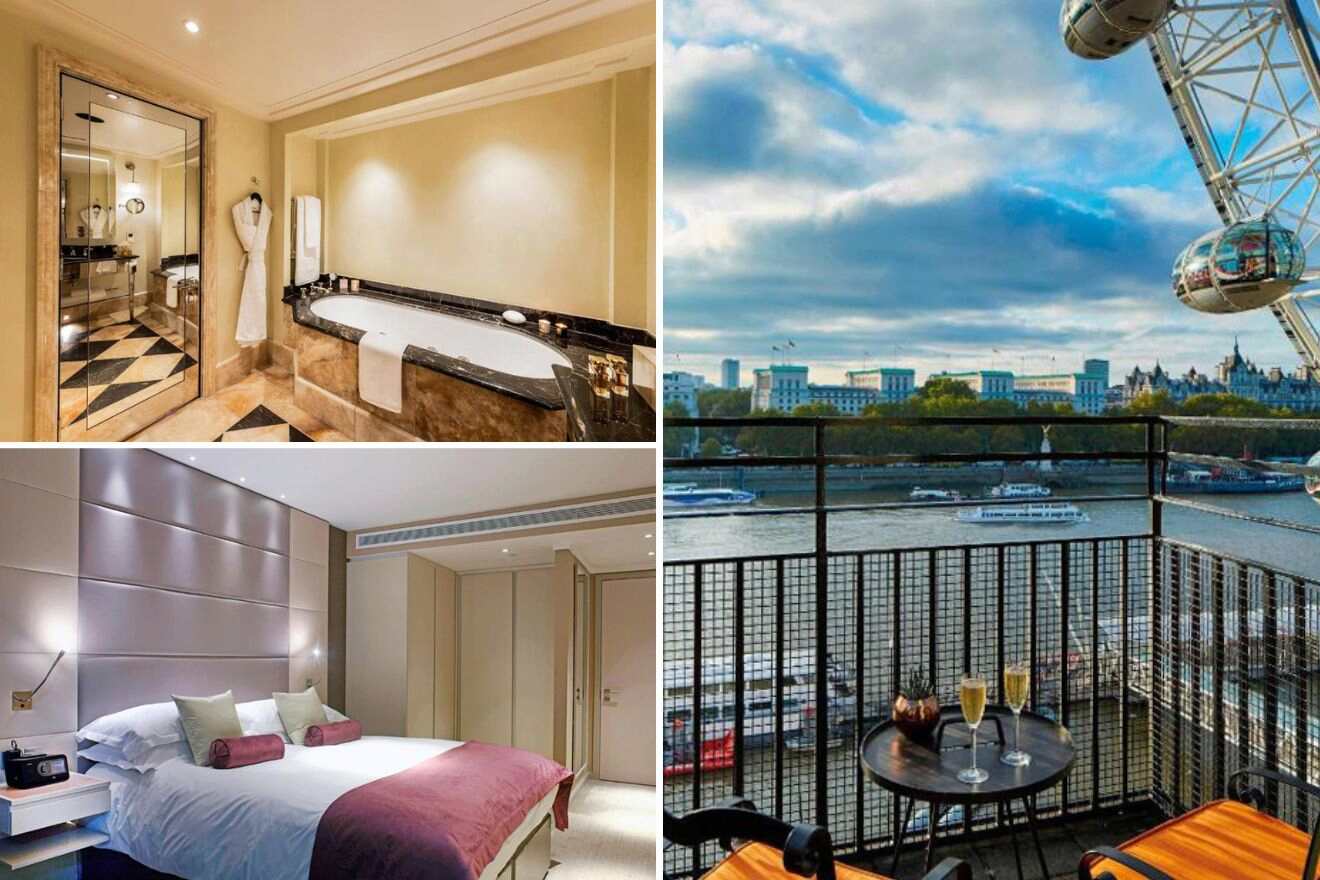 collage of 3 images containing terrace sitting area with a view over the river and London eye, bedroom, and bathroom