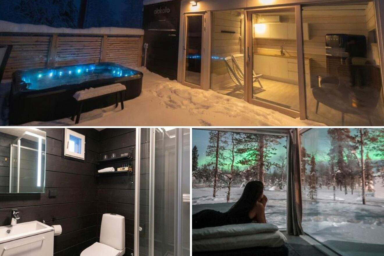 collage of 3 images containing a woman sitting on a bed watching the northern lights, a bathroom and an outdoor area with a hot tub