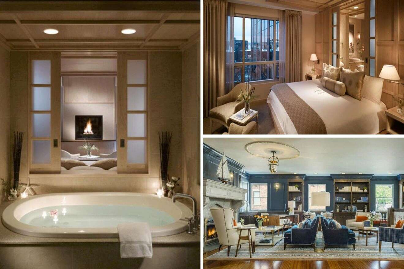 collage of 3 images containing lounge area, bedroom, and jacuzzi