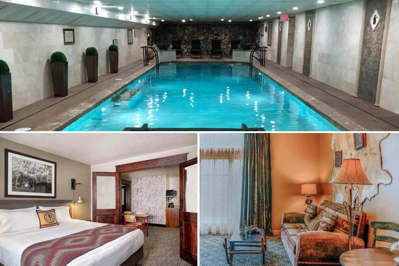 collage of 3 images containing a swimming pool, bedroom, and lounge area