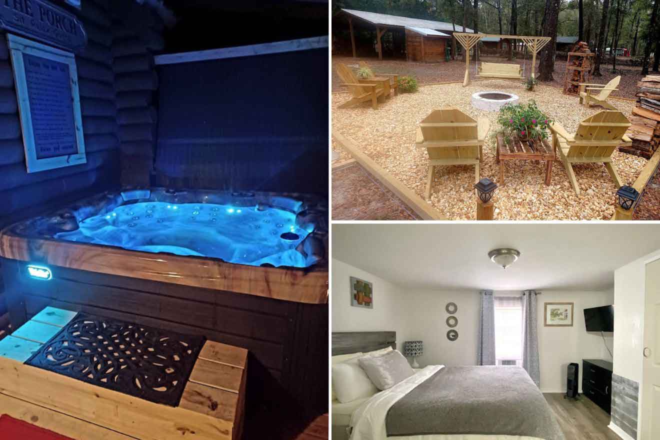 collage of 3 images containing an outdoor sitting area, bedroom, and a hot tub